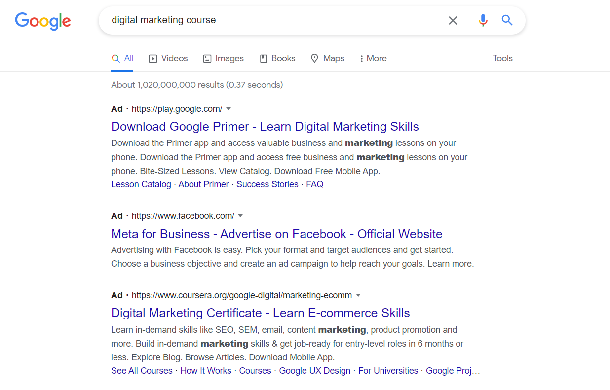 Pay per click advertising example for digital marketing course