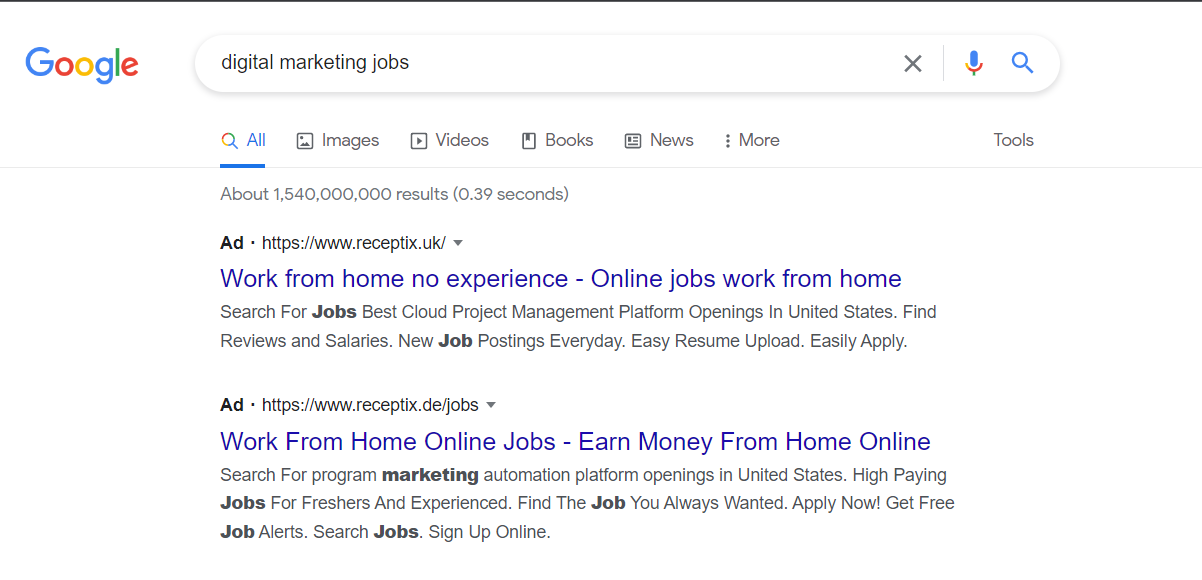 Pay Per Click Advertising example for 'digital marketing jobs'
