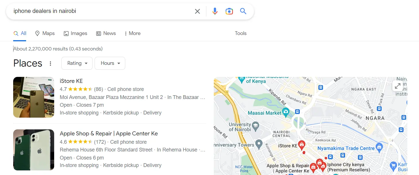 Example of Location-Specific Intent - iPhone dealers in Nairobi
