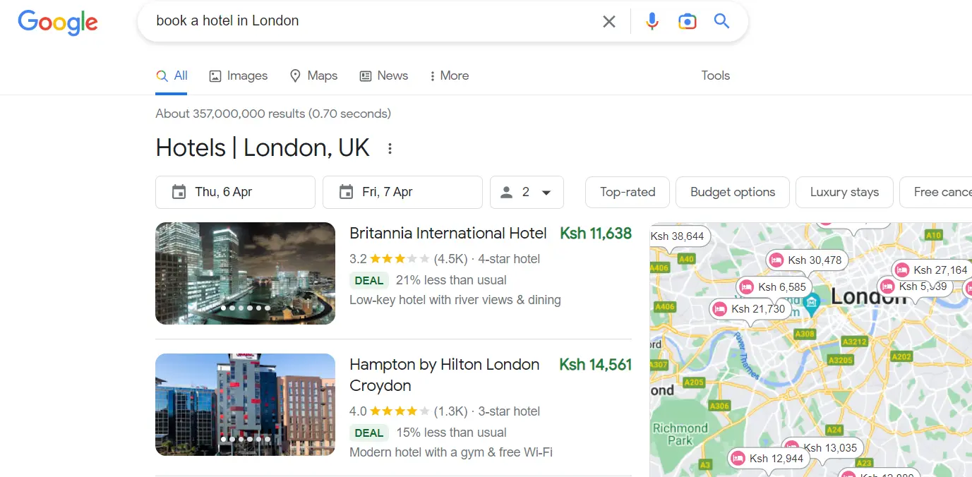 Example of Transactional Search Intent - book a hotel in London